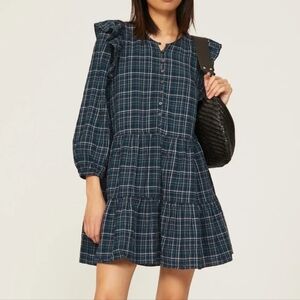 Madewell NWT Avaya $138 Plaid Blue Flannel Button Frill Mini Dress M Grunge 90s
